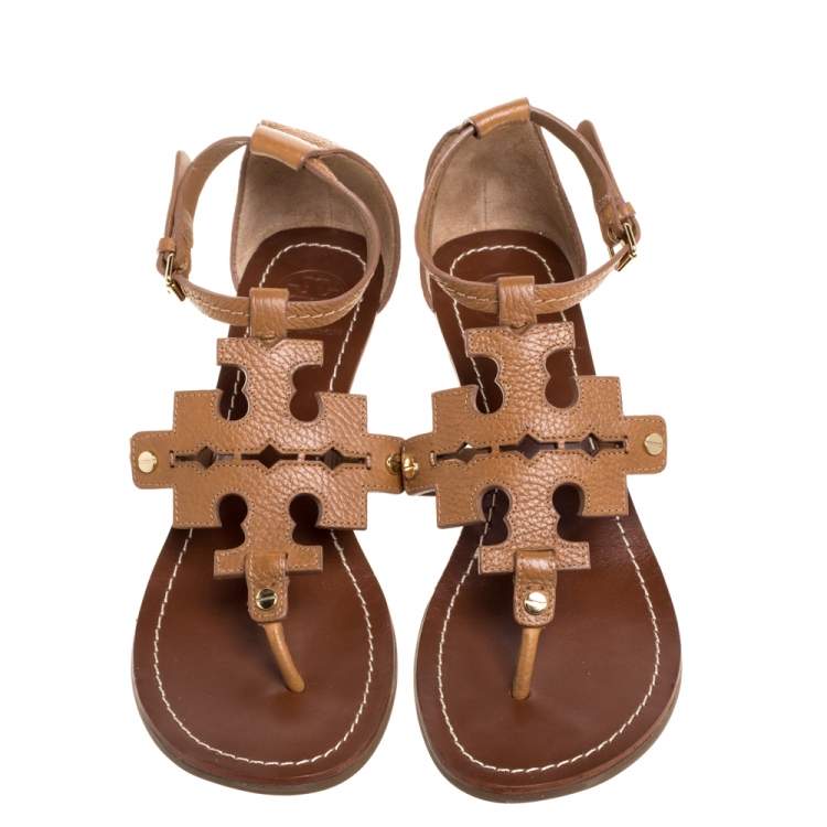 Pre Owned Tory Burch Brown Leather Phoebe Thong Ankle Strap Wedge Sandals Size 39.5