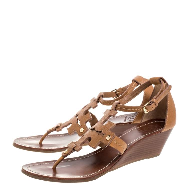 Pre Owned Tory Burch Brown Leather Phoebe Thong Ankle Strap Wedge Sandals Size 39.5