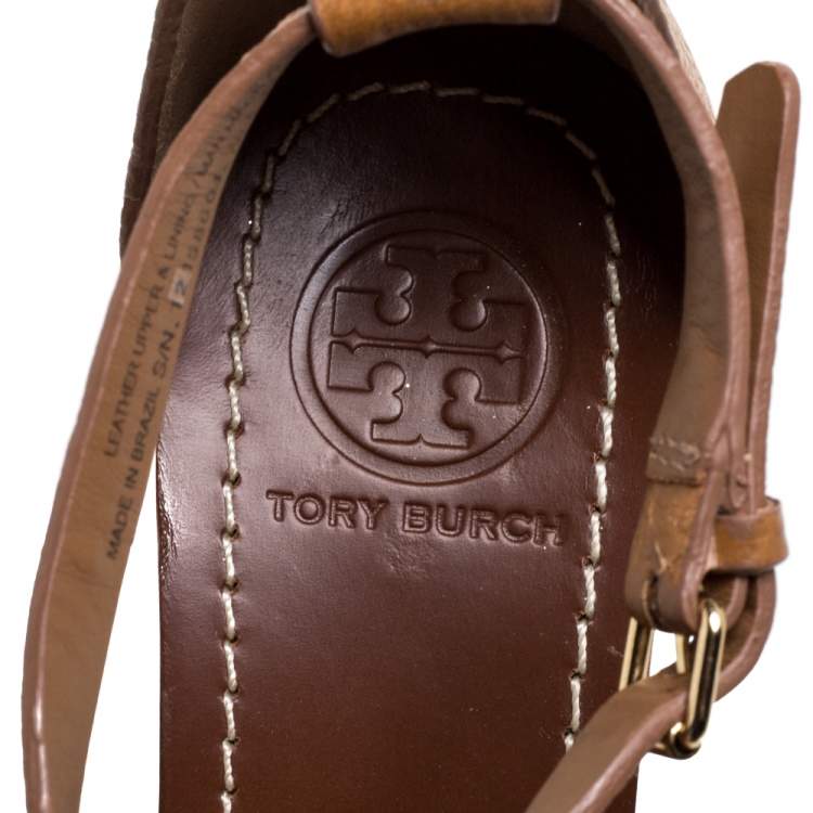 Pre Owned Tory Burch Brown Leather Phoebe Thong Ankle Strap Wedge Sandals Size 39.5