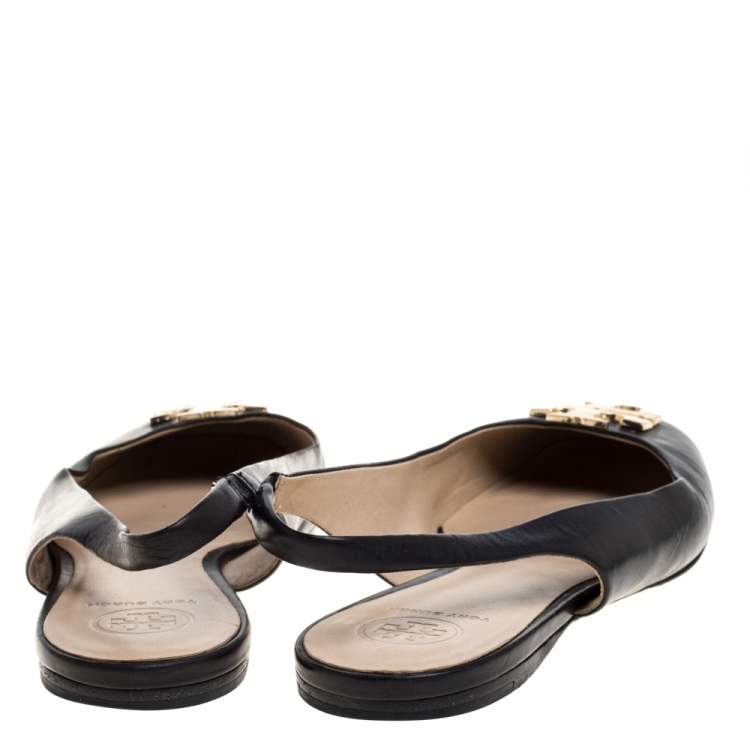 Pre Owned Tory Burch Black Leather Classic T Slingback Flats Size 37.5