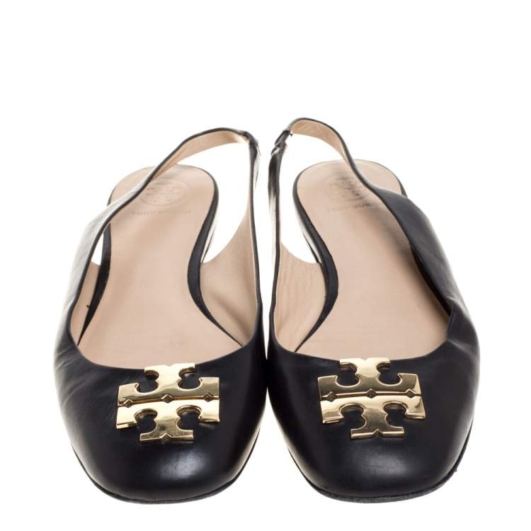 Pre Owned Tory Burch Black Leather Classic T Slingback Flats Size 37.5