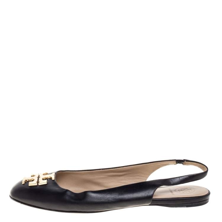 Pre Owned Tory Burch Black Leather Classic T Slingback Flats Size 37.5