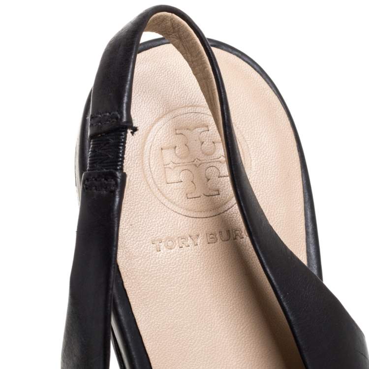Pre Owned Tory Burch Black Leather Classic T Slingback Flats Size 37.5