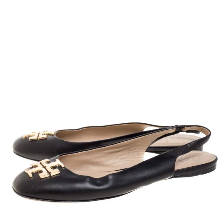 Pre Owned Tory Burch Black Leather Classic T Slingback Flats Size 37.5