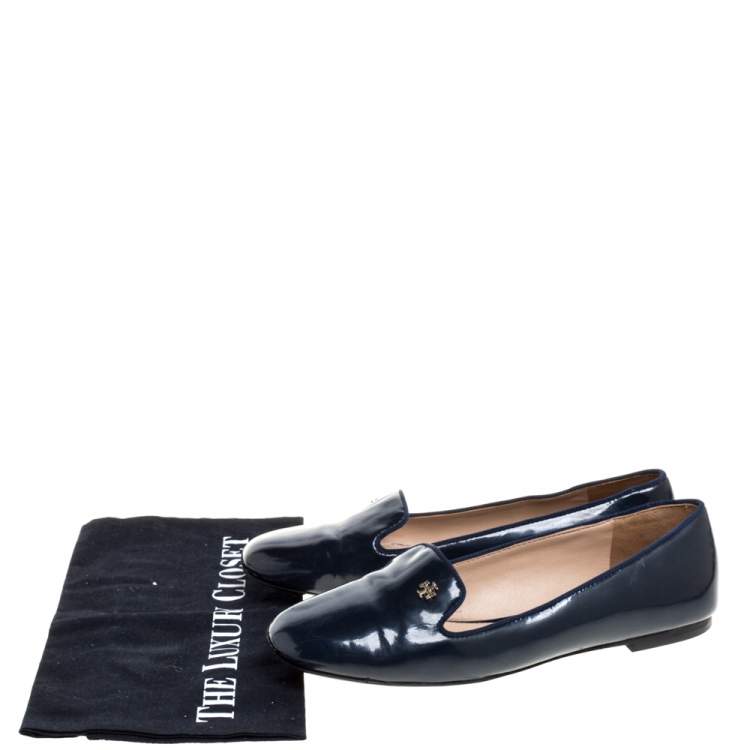 Pre Owned Tory Burch Navy Blue Patent Leather Samantha Smoking Slippers Size 38