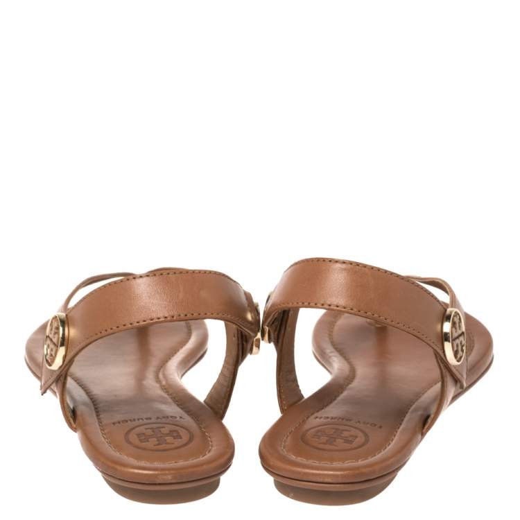 Pre Owned Tory Burch Brown Leather Minnie Sandals Size 35
