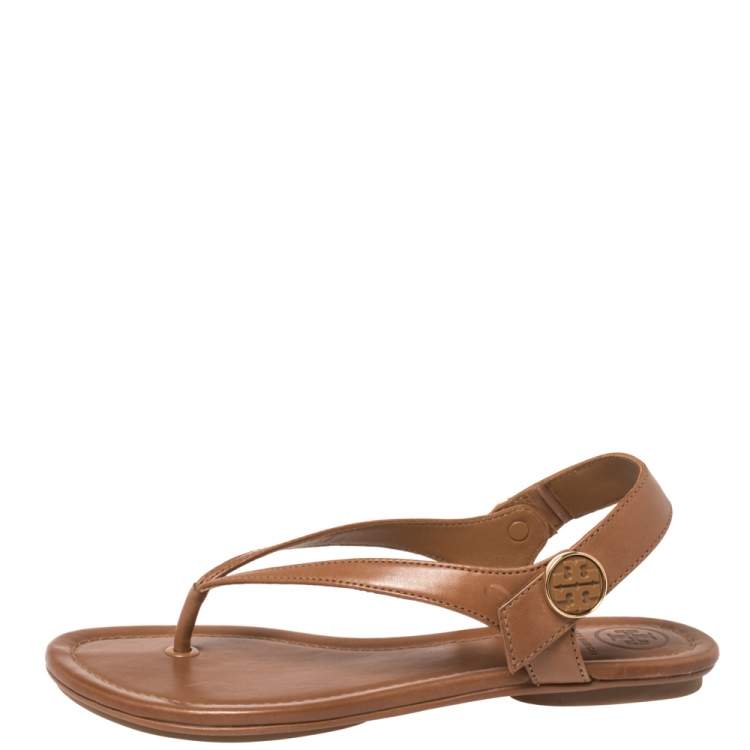 Pre Owned Tory Burch Brown Leather Minnie Sandals Size 35