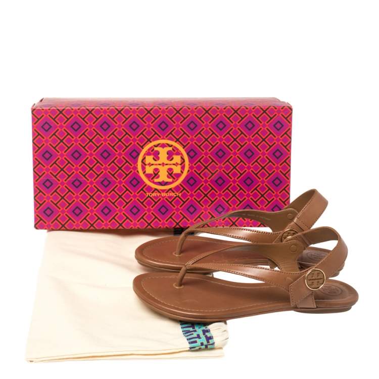 Pre Owned Tory Burch Brown Leather Minnie Sandals Size 35