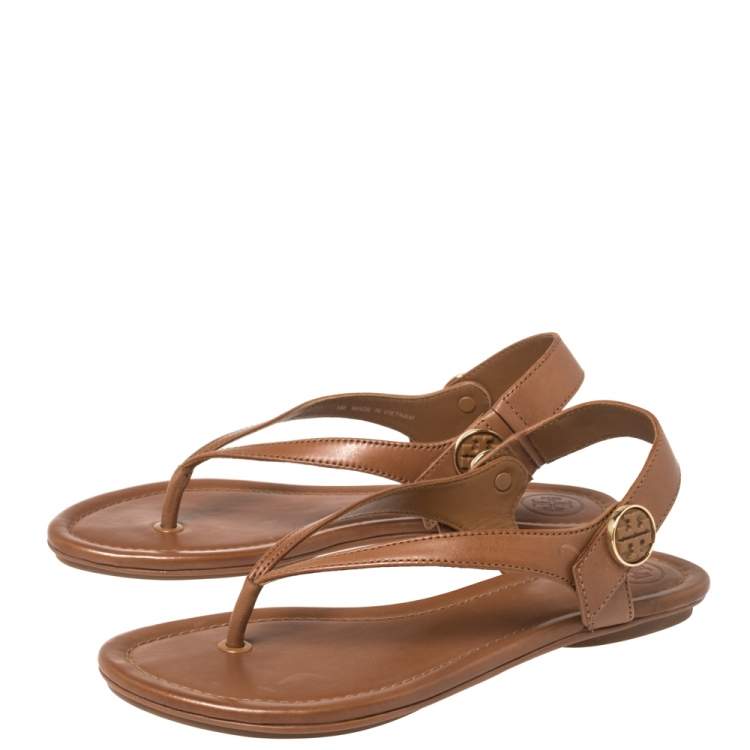 Pre Owned Tory Burch Brown Leather Minnie Sandals Size 35