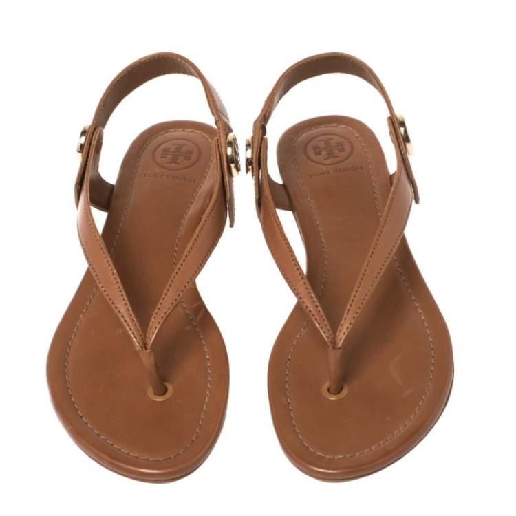 Pre Owned Tory Burch Brown Leather Minnie Sandals Size 35