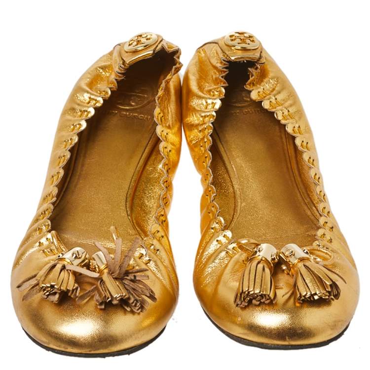 Pre Owned Tory Burch Metallic Gold Leather Tassel Scrunch Ballet Flats Size 39.5