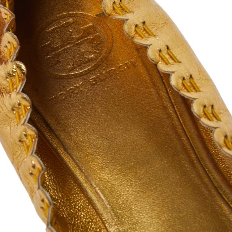 Pre Owned Tory Burch Metallic Gold Leather Tassel Scrunch Ballet Flats Size 39.5