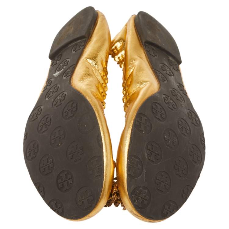 Pre Owned Tory Burch Metallic Gold Leather Tassel Scrunch Ballet Flats Size 39.5