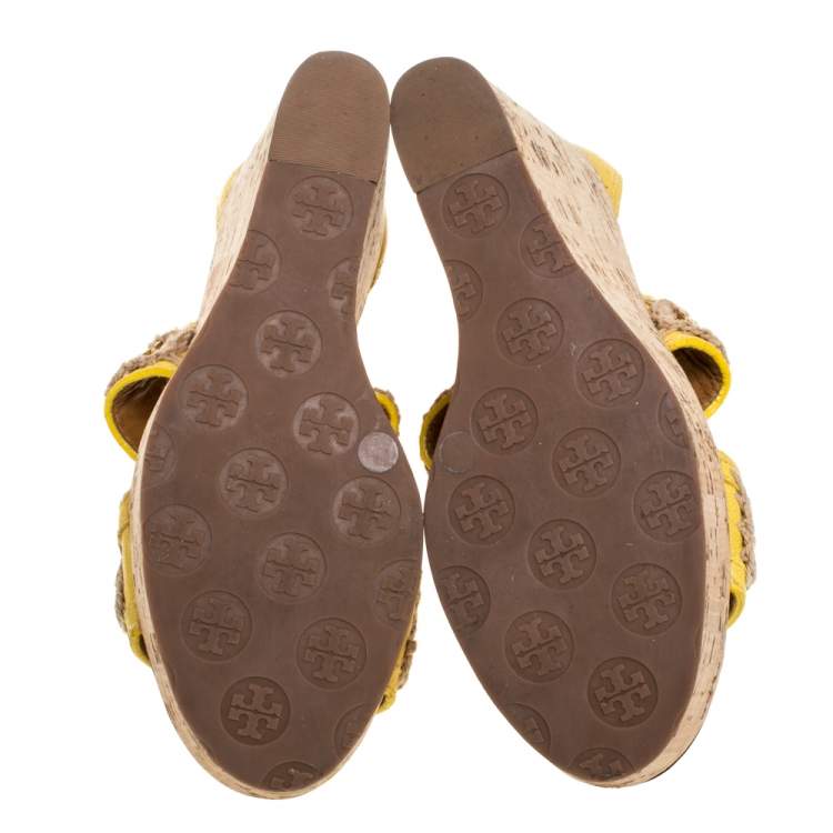 Pre Owned Tory Burch Yellow Leather Lucian Chain Embellished Cork Wedge Sandals Size 38