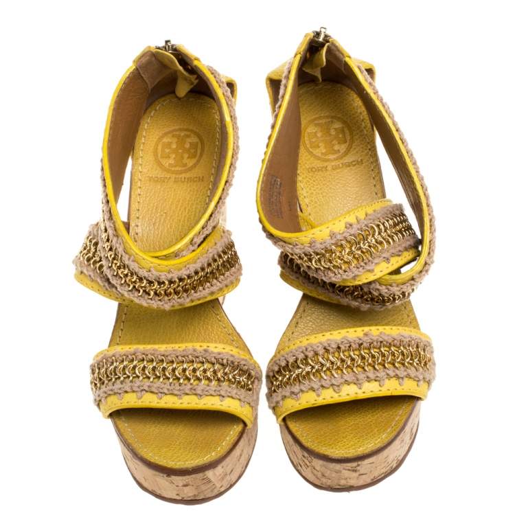 Pre Owned Tory Burch Yellow Leather Lucian Chain Embellished Cork Wedge Sandals Size 38