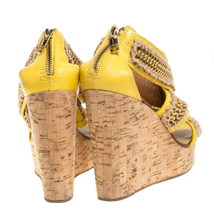 Pre Owned Tory Burch Yellow Leather Lucian Chain Embellished Cork Wedge Sandals Size 38