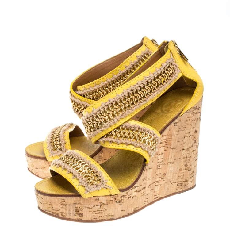 Pre Owned Tory Burch Yellow Leather Lucian Chain Embellished Cork Wedge Sandals Size 38