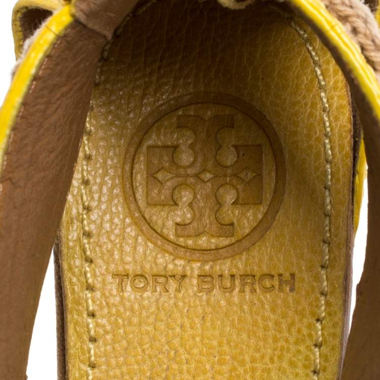 Pre Owned Tory Burch Yellow Leather Lucian Chain Embellished Cork Wedge Sandals Size 38