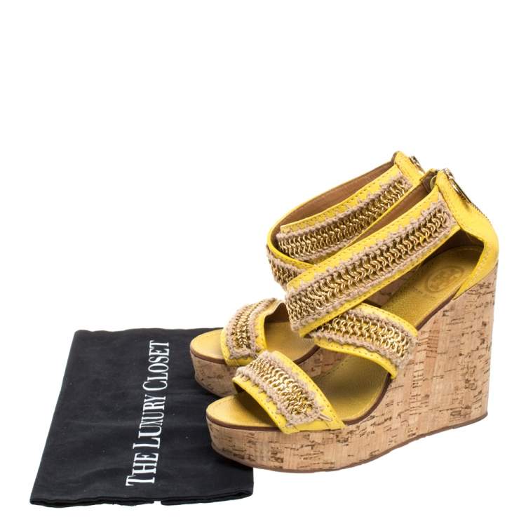Pre Owned Tory Burch Yellow Leather Lucian Chain Embellished Cork Wedge Sandals Size 38