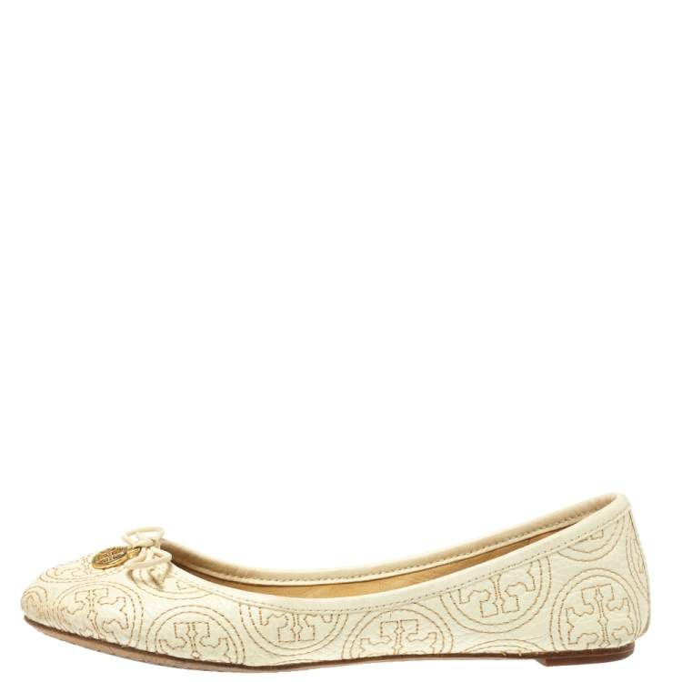 Pre Owned Tory Burch White Leather Chelsea Stitched Ballet Flats Size 36