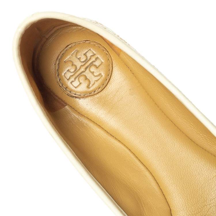 Pre Owned Tory Burch White Leather Chelsea Stitched Ballet Flats Size 36