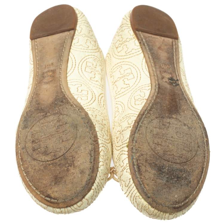 Pre Owned Tory Burch White Leather Chelsea Stitched Ballet Flats Size 36