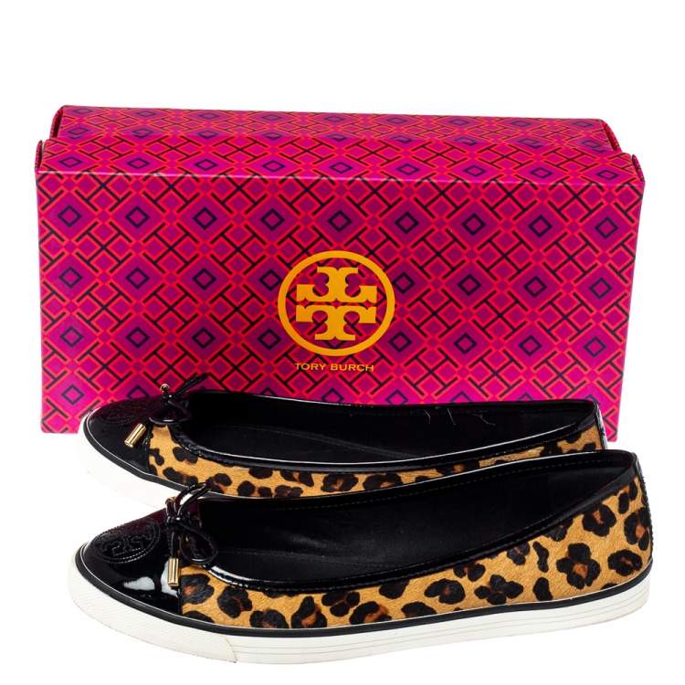 Pre Owned Tory Burch Leopard Print Calf Hair And Leather Skyler Flats Size 38.5