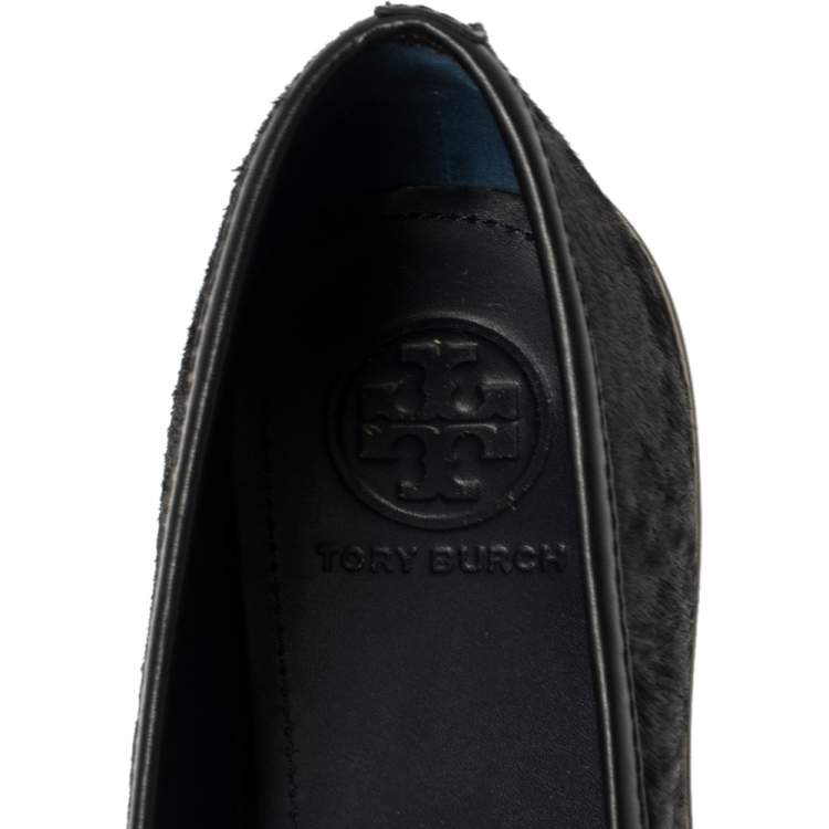 Pre Owned Tory Burch Black Calf Hair And Leather Cap Toe Skyler Flats Size 38.5