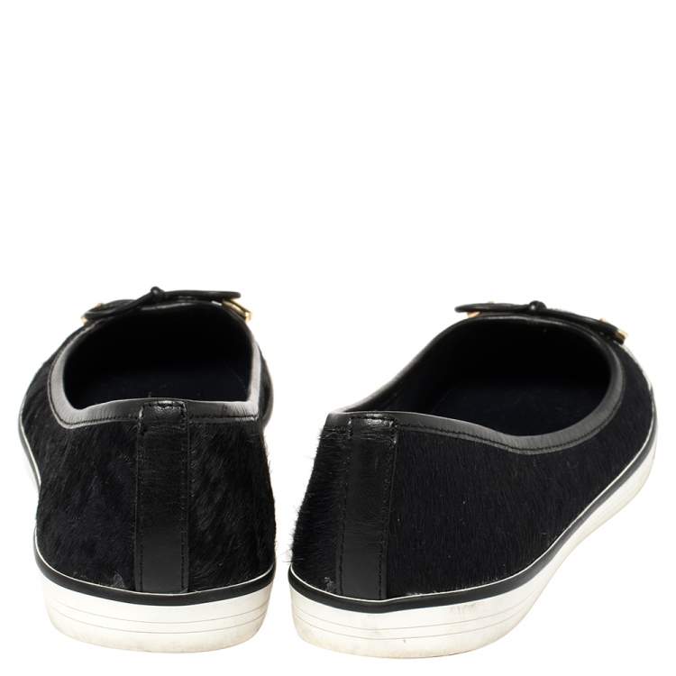 Pre Owned Tory Burch Black Calf Hair And Leather Cap Toe Skyler Flats Size 38.5