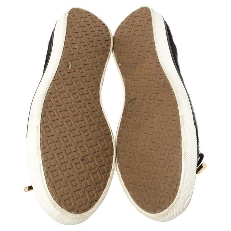 Pre Owned Tory Burch Black Calf Hair And Leather Cap Toe Skyler Flats Size 38.5