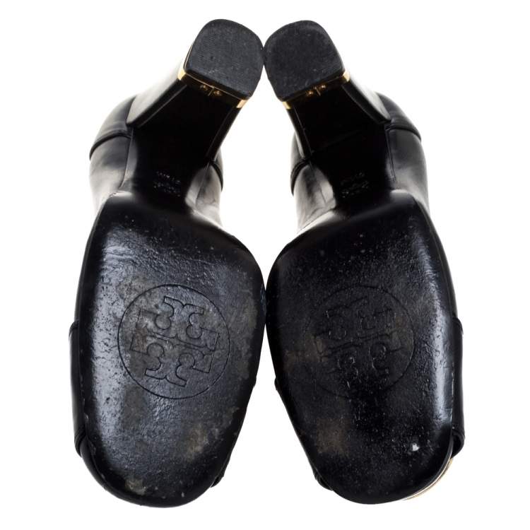 Pre Owned Tory Burch Black Leather Reva Block Heel Pumps Size 36.5