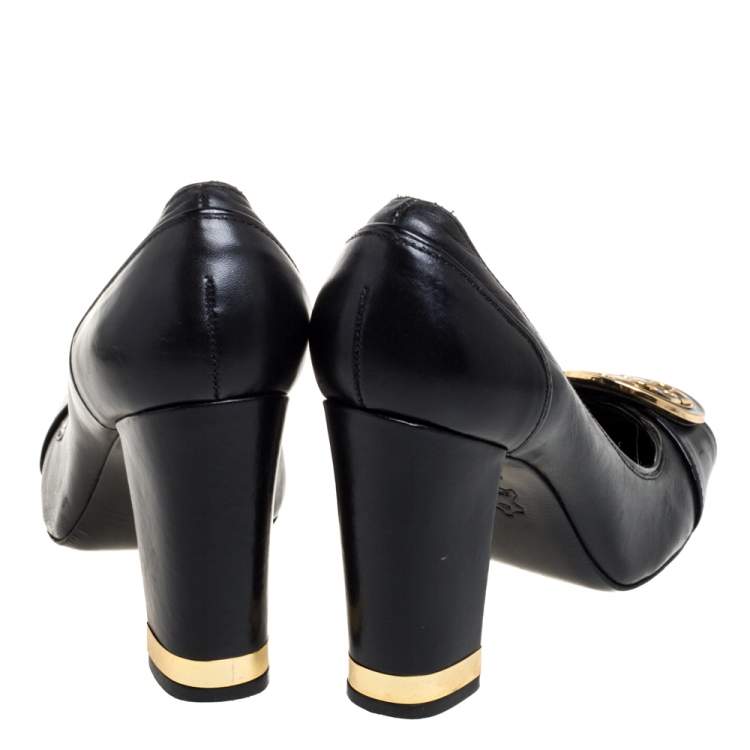 Pre Owned Tory Burch Black Leather Reva Block Heel Pumps Size 36.5