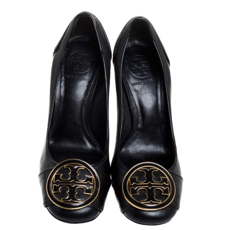 Pre Owned Tory Burch Black Leather Reva Block Heel Pumps Size 36.5