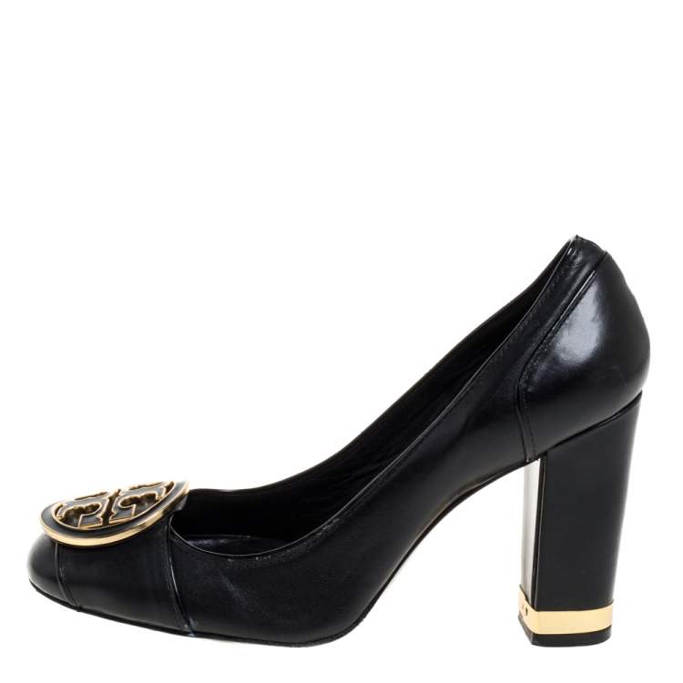 Pre Owned Tory Burch Black Leather Reva Block Heel Pumps Size 36.5