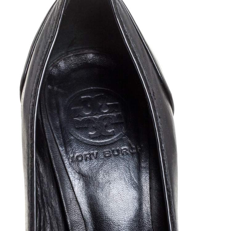 Pre Owned Tory Burch Black Leather Reva Block Heel Pumps Size 36.5