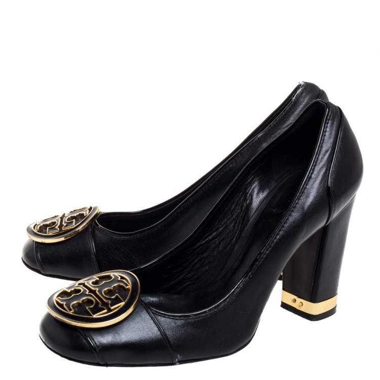 Pre Owned Tory Burch Black Leather Reva Block Heel Pumps Size 36.5