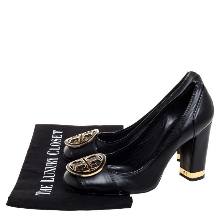 Pre Owned Tory Burch Black Leather Reva Block Heel Pumps Size 36.5
