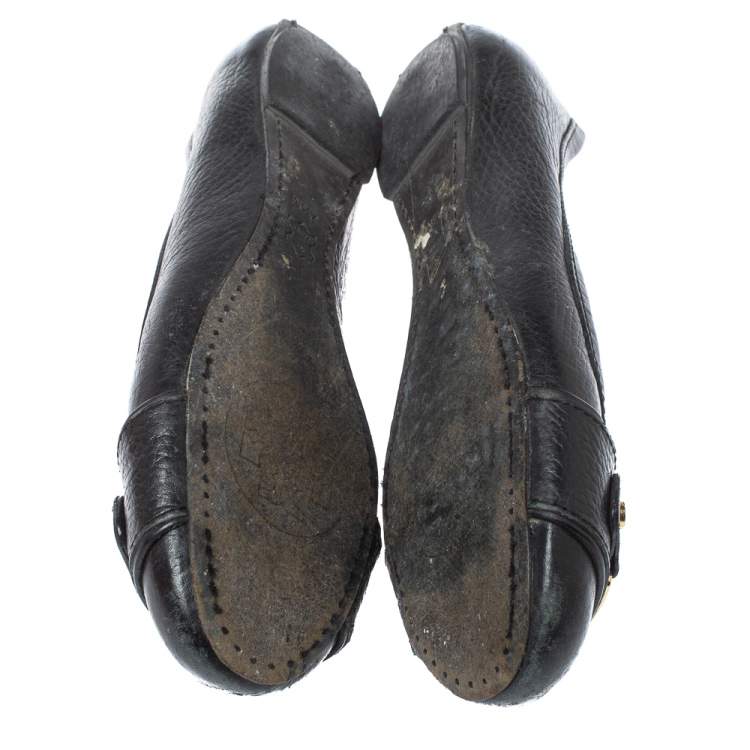Pre Owned Tory Burch Black Leather Logo Ballet Flats Size 37.5 