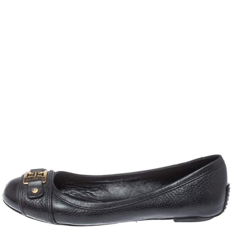 Pre Owned Tory Burch Black Leather Logo Ballet Flats Size 37.5 