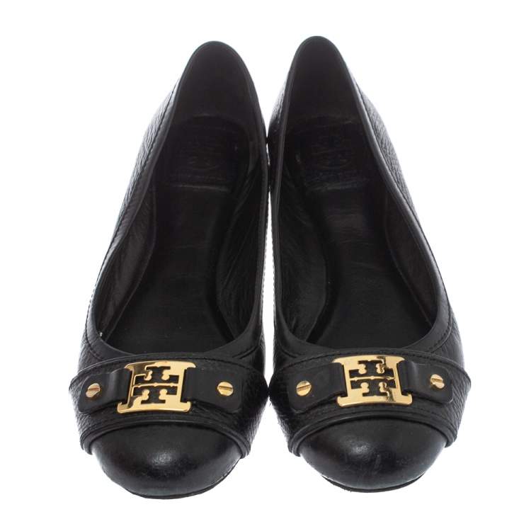 Pre Owned Tory Burch Black Leather Logo Ballet Flats Size 37.5 