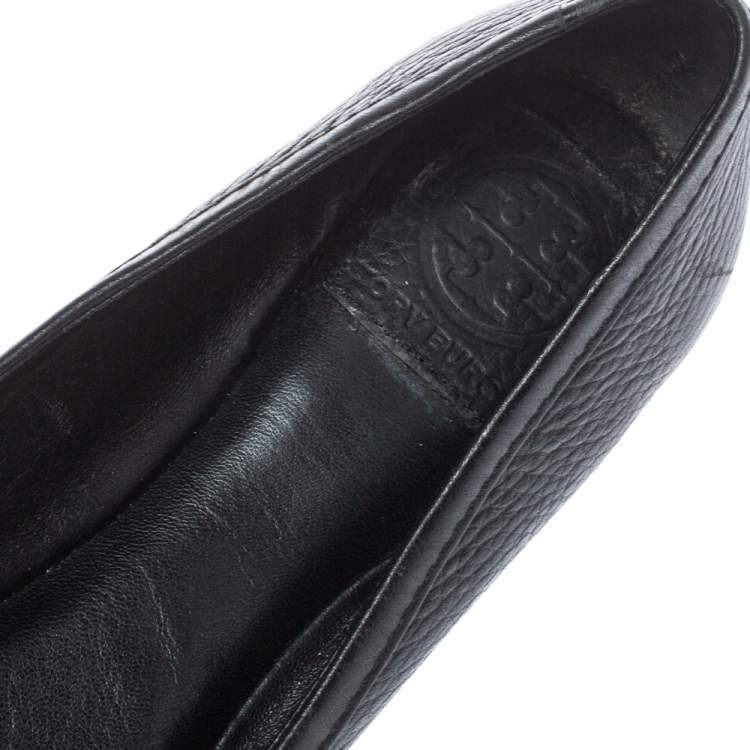 Pre Owned Tory Burch Black Leather Logo Ballet Flats Size 37.5 