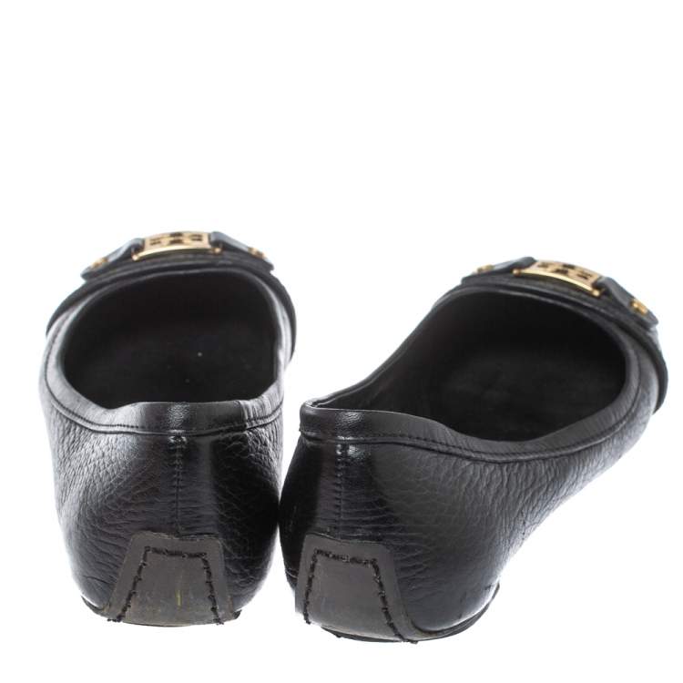 Pre Owned Tory Burch Black Leather Logo Ballet Flats Size 37.5 