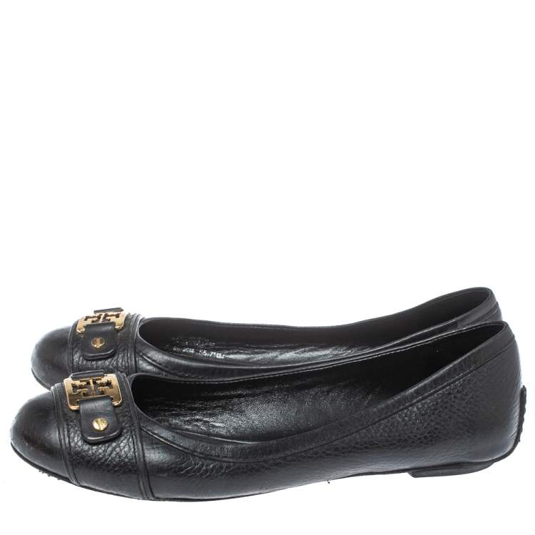 Pre Owned Tory Burch Black Leather Logo Ballet Flats Size 37.5 