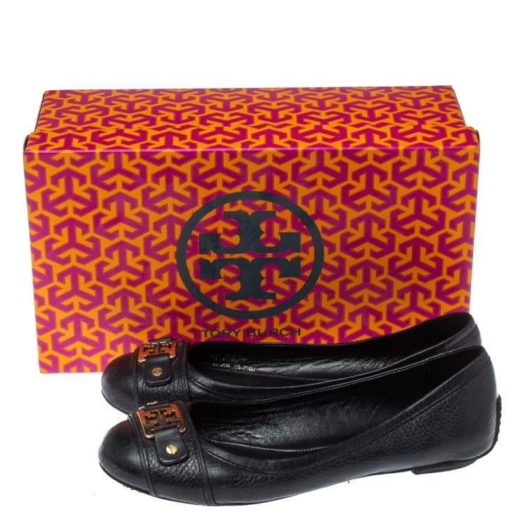 Pre Owned Tory Burch Black Leather Logo Ballet Flats Size 37.5 