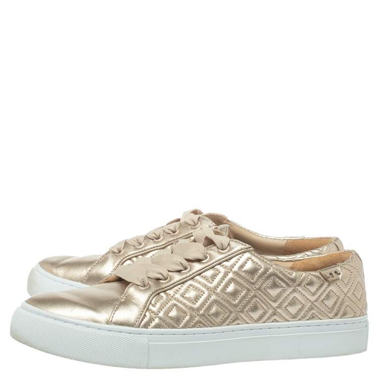 Pre Owned Tory Burch Light Gold Quilted Leather Marion Sneakers Size 38