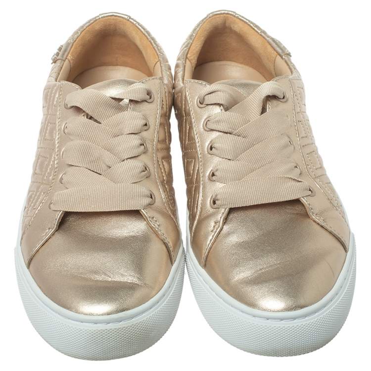 Pre Owned Tory Burch Light Gold Quilted Leather Marion Sneakers Size 38