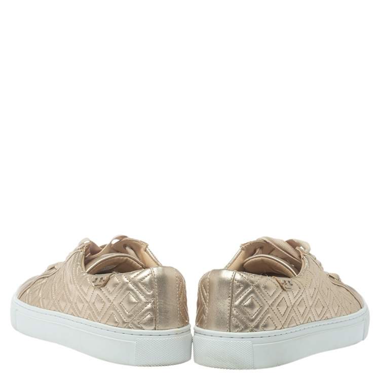 Pre Owned Tory Burch Light Gold Quilted Leather Marion Sneakers Size 38