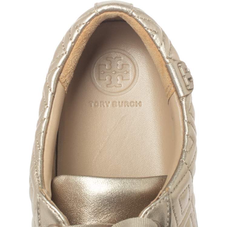 Pre Owned Tory Burch Light Gold Quilted Leather Marion Sneakers Size 38