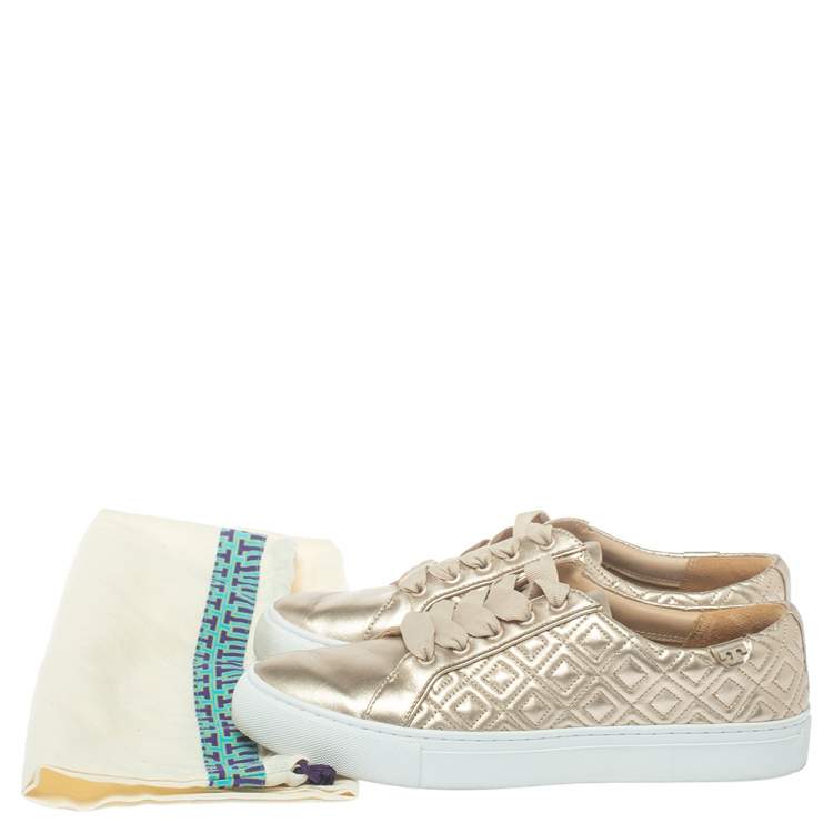 Pre Owned Tory Burch Light Gold Quilted Leather Marion Sneakers Size 38