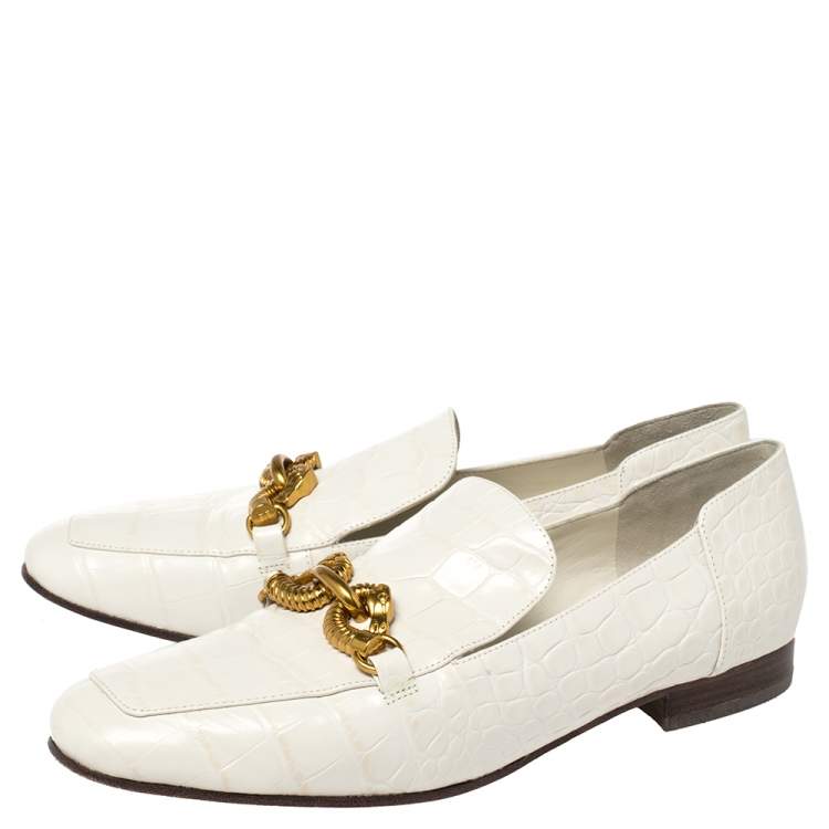 Pre Owned Tory Burch White Croc Embossed Leather Jessa Loafers Size 38
